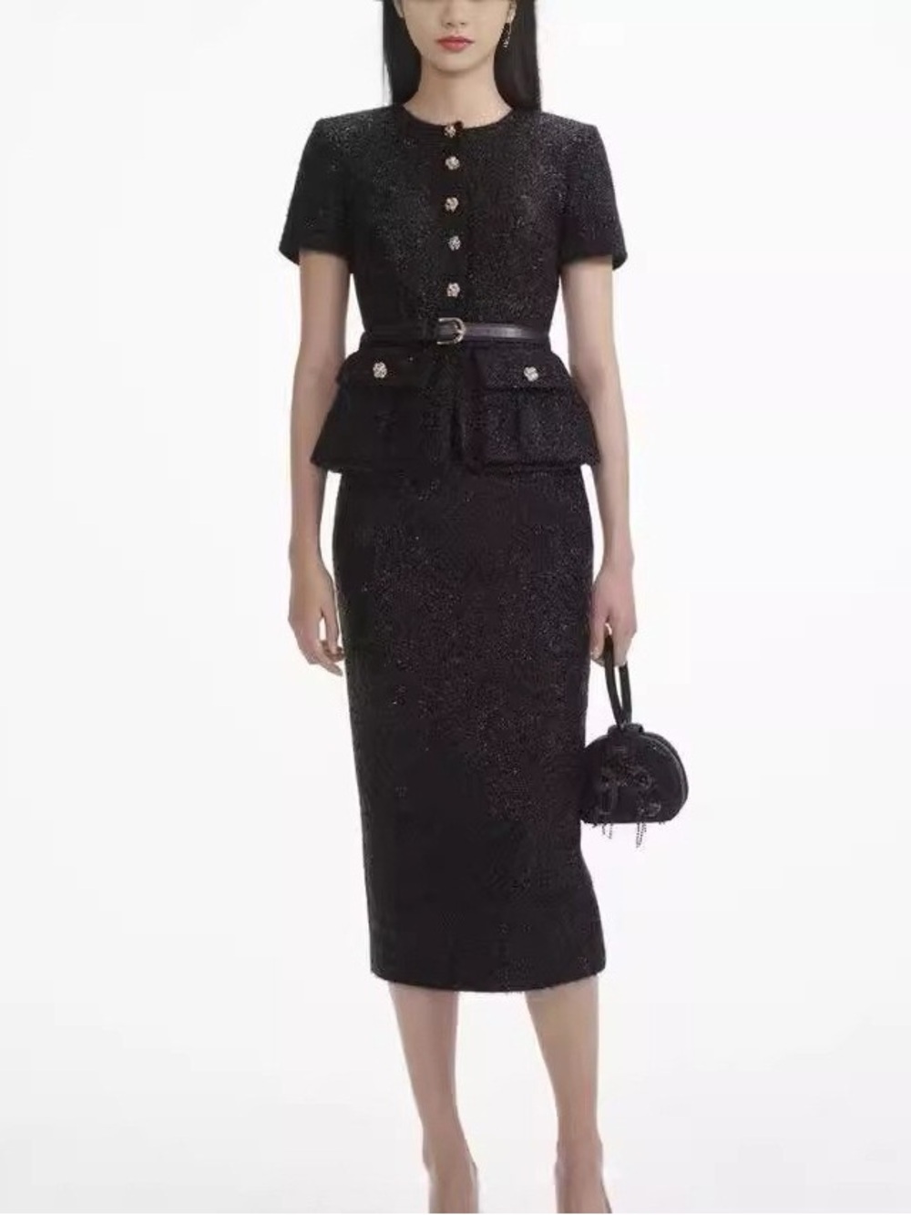 NEW Self-Portrait Black Tinsel Boucle Tailored Midi Dress
